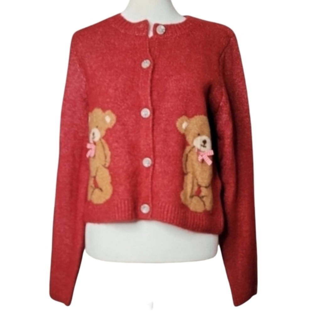 Jessica Simpson Red Teddy Bear Intarsia Cardigan Sweater XS 3D Bows Cropped